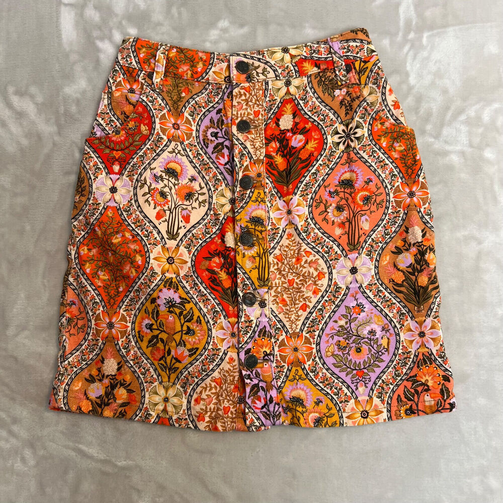 Farm Rio Anthropologie Skirt Womens XS Mini Lavinia Orange Floral Button Denim